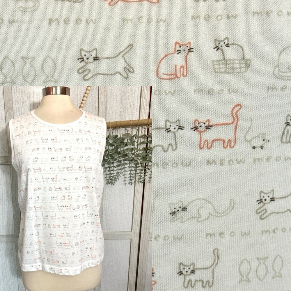 Christopher & Banks White Tank Top with Cat Print